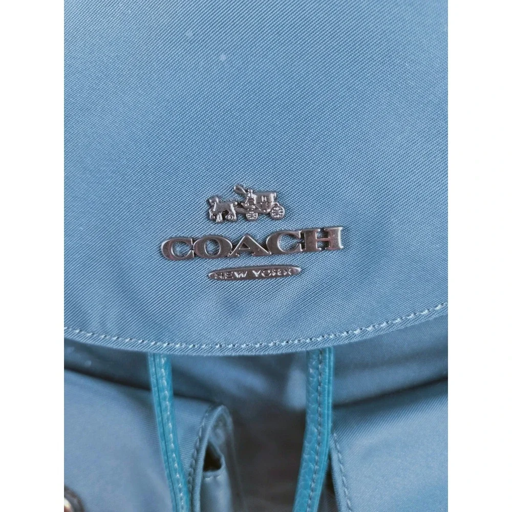 Coach Blue Teal Nylon Leather Backpack F58814 Silvertone Turnlock Bag Womens